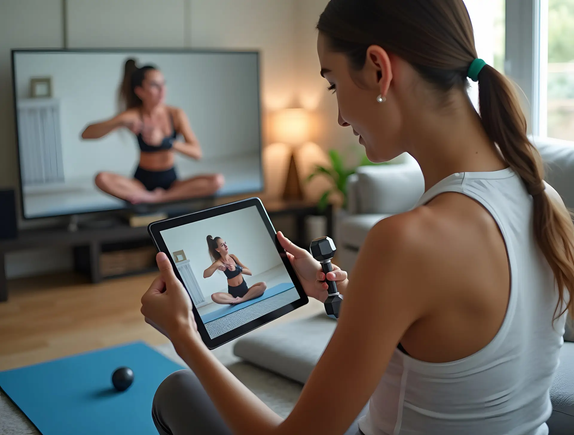 Woman working out at home with online physiotherapy coaching from Well Woman Physio