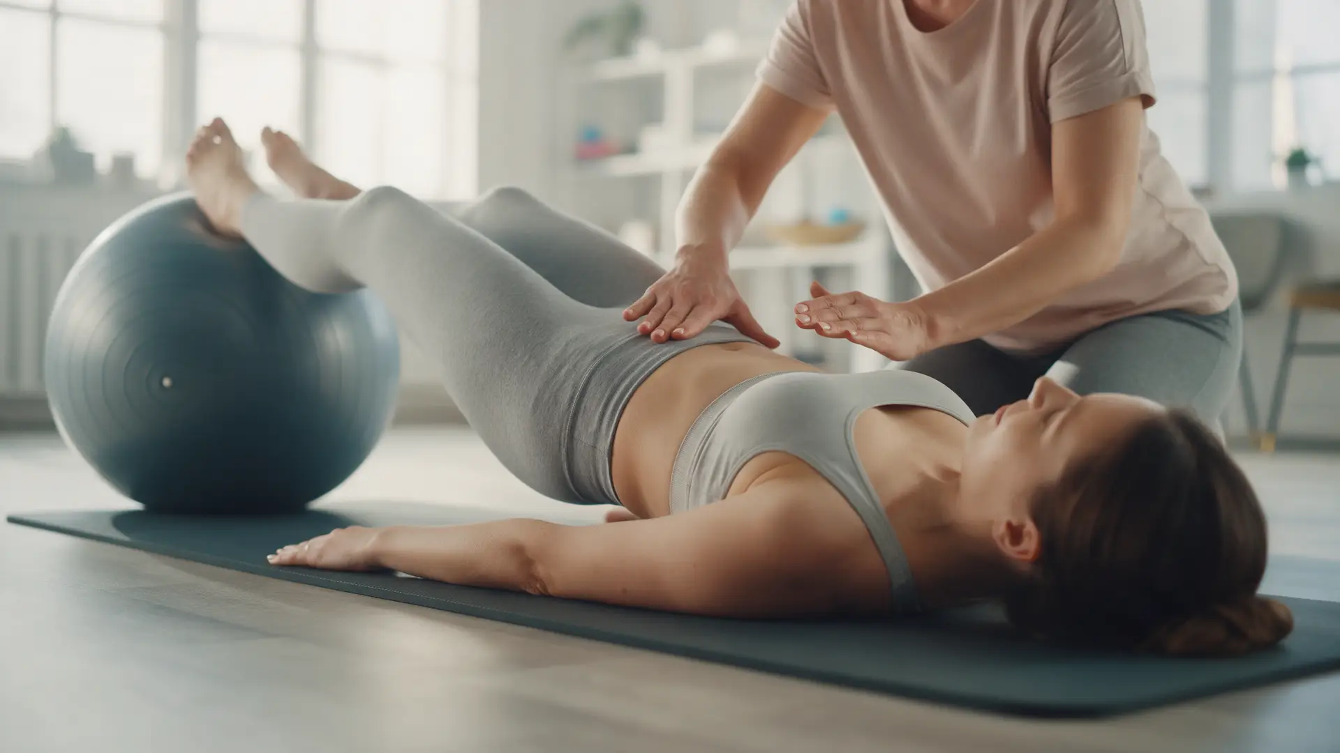 New mother doing core rehabilitation exercises during postnatal physiotherapy in Harrogate